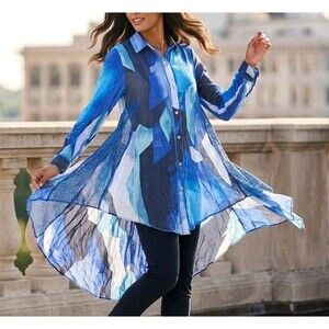 Feratelli Tunic Blouse M Artsy Art to Wear Asymmetrical Abstract Mesh Flowy